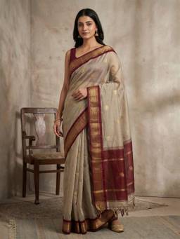 A S CREATION - Women Beige Cotton Silk Kanchipuram with Elegant Traditional Design Saree