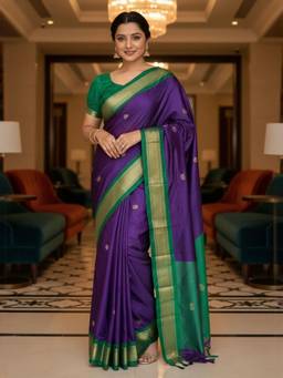 A S CREATION - Women Purple Cotton Silk Kanchipuram with Elegant Traditional Design Saree