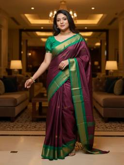 A S CREATION - Women Maroon Cotton Silk Kanchipuram with Elegant Traditional Design Saree