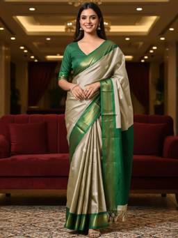 A S CREATION - Women Beige Cotton Silk Kanchipuram with Elegant Traditional Design Saree