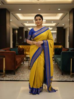 A S CREATION - Women Mustard Cotton Silk Kanchipuram with Elegant Traditional Design Saree