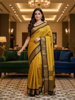 A S CREATION - Women Mustard Cotton Silk Kanchipuram with Elegant Traditional Design Saree