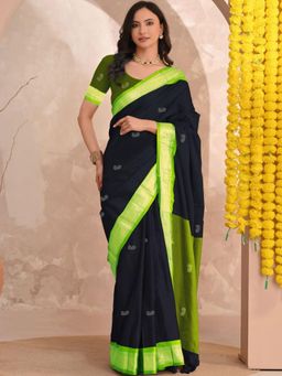 A S CREATION - Women Black Cotton Silk Kanchipuram with Elegant Traditional Design Saree