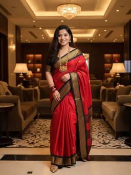 A S CREATION - Women Red Cotton Silk Kanchipuram with Elegant Traditional Design Saree