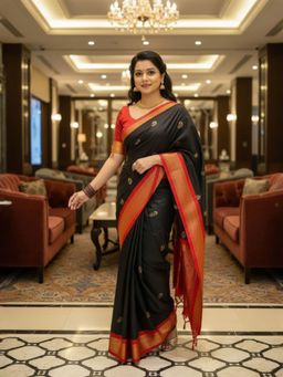 A S CREATION - Women Black Cotton Silk Kanchipuram with Elegant Traditional Design Saree