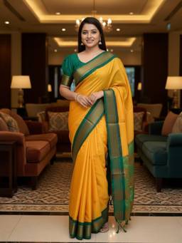 A S CREATION - Women Mustard Cotton Silk Kanchipuram with Elegant Traditional Design Saree