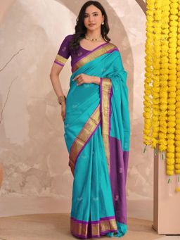 A S CREATION - Women Turquoise Cotton Silk Kanchipuram with Elegant Traditional Design Saree