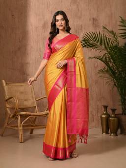 A S CREATION - Women Mustard Cotton Silk Kanchipuram with Traditional Design Saree