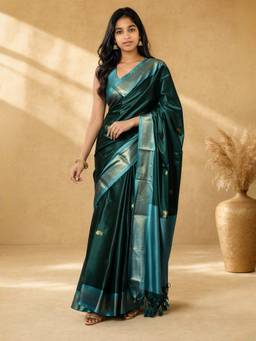 A S CREATION - Women Green Cotton Silk Kanchipuram with Traditional Design Saree
