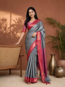 A S CREATION - Women Grey Cotton Silk Kanchipuram with Traditional Design Saree