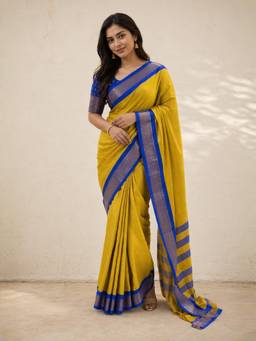 A S CREATION - Women Mustard Cotton Silk Kanchipuram with Traditional Design Saree