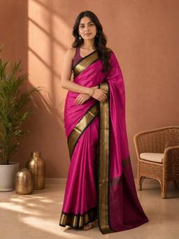 A S CREATION - Women Pink Cotton Silk Kanchipuram with Traditional Design Saree