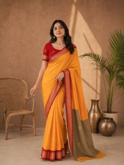 A S CREATION - Women Mustard Cotton Silk Kanchipuram with Traditional Design Saree