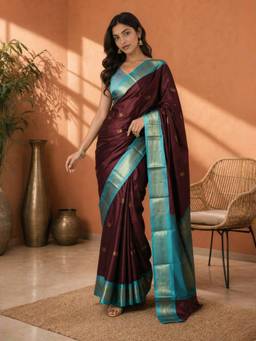 A S CREATION - Women Maroon Cotton Silk Kanchipuram with Traditional Design Saree