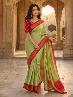 A S CREATION - Women Olive Cotton Silk Kanchipuram with Traditional Design Saree