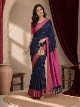 A S CREATION - Women Navy Blue Cotton Silk Kanchipuram with Traditional Design Saree