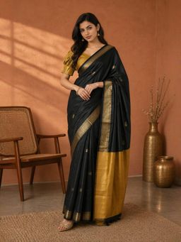 A S CREATION - Women Black Cotton Silk Kanchipuram with Traditional Design Saree