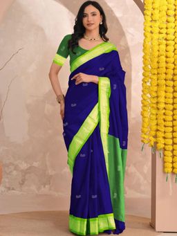 A S CREATION - Women Navy Blue Cotton Silk Kanchipuram with Elegant Traditional Design Saree