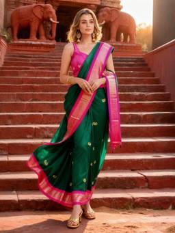 A S CREATION - Women Green Cotton Silk Kanchipuram with Traditional Design Saree