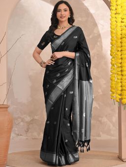 A S CREATION - Women Black Cotton Silk Kanchipuram with Elegant Traditional Design Saree