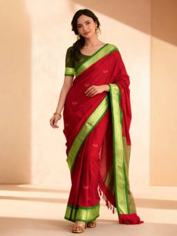 A S CREATION - Women Red Cotton Silk Kanchipuram with Traditional Design Saree