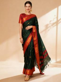 A S CREATION - Women Green Cotton Silk Kanchipuram with Traditional Design Saree