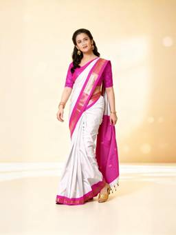 A S CREATION - Women White Cotton Silk Kanchipuram with Traditional Design Saree