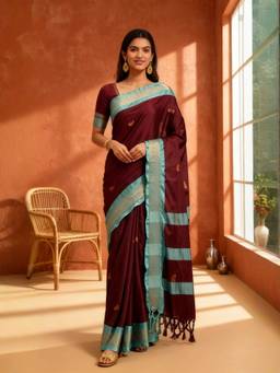 A S CREATION - Women Brown Cotton Silk Kanchipuram with Traditional Design Saree