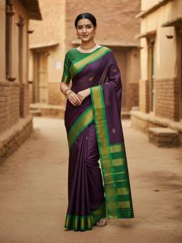 A S CREATION - Women Purple Cotton Silk Kanchipuram with Traditional Design Saree