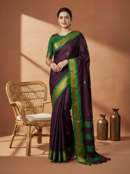 A S CREATION - Women Purple Cotton Silk Kanchipuram with Traditional Design Saree