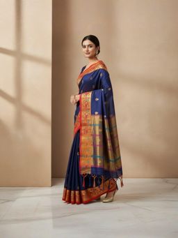A S CREATION - Women Navy Blue Cotton Silk Kanchipuram with Traditional Design Saree