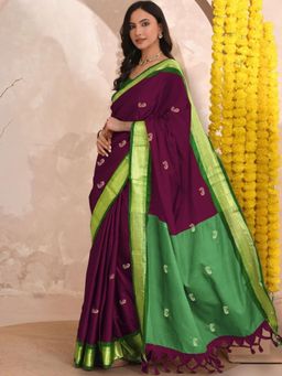 A S CREATION - Women Maroon Cotton Silk Kanchipuram with Elegant Traditional Design Saree