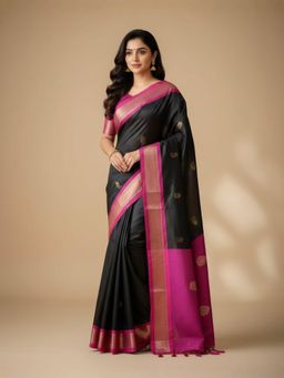 A S CREATION - Women Black Cotton Silk Kanchipuram with Traditional Design Saree