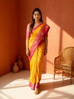 A S CREATION - Women Mustard Cotton Silk Kanchipuram with Traditional Design Saree