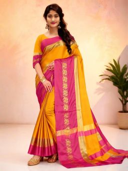 A S CREATION - Women Mustard Cotton Silk Kanchipuram with Traditional Design Saree