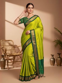 A S CREATION - Women Green Cotton Silk Kanchipuram with Traditional Design Saree