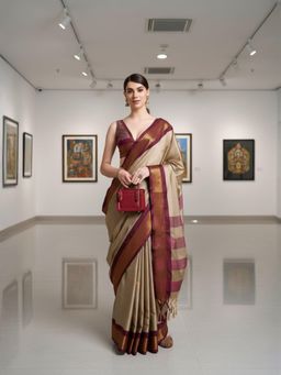 A S CREATION - Women Beige Cotton Silk Kanchipuram with Traditional Design Saree
