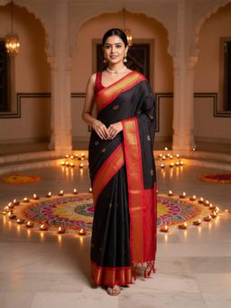 A S CREATION - Women Black Cotton Silk Kanchipuram with Traditional Design Saree