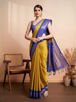 A S CREATION - Women Mustard Cotton Silk Kanchipuram with Traditional Design Saree