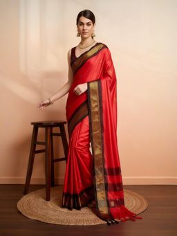A S CREATION - Women Red Cotton Silk Kanchipuram with Traditional Design Saree
