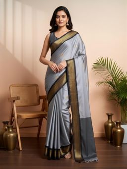 A S CREATION - Women Grey Cotton Silk Kanchipuram with Traditional Design Saree