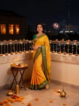 A S CREATION - Women Mustard Cotton Silk Kanchipuram with Traditional Design Saree