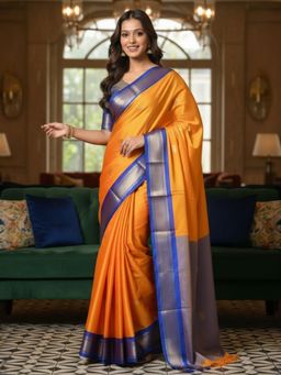 A S CREATION - Women Mustard Cotton Silk Kanchipuram with Traditional Design Saree