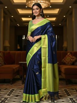A S CREATION - Women Navy Blue Cotton Silk Kanchipuram with Traditional Design Saree