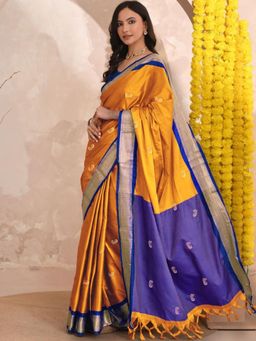 A S CREATION - Women Mustard Cotton Silk Kanchipuram with Elegant Traditional Design Saree
