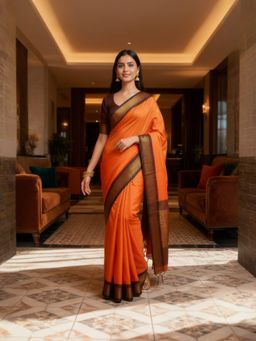 A S CREATION - Women Orange Cotton Silk Kanchipuram with Traditional Design Saree