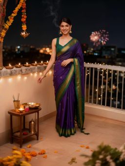 A S CREATION - Women Navy Blue Cotton Silk Kanchipuram with Traditional Design Saree
