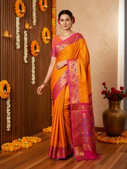 A S CREATION - Women Orange Cotton Silk Kanchipuram with Traditional Design Saree