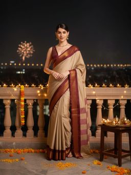 A S CREATION - Women Beige Cotton Silk Kanchipuram with Traditional Design Saree