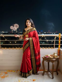 A S CREATION - Women Red Cotton Silk Kanchipuram with Traditional Design Saree